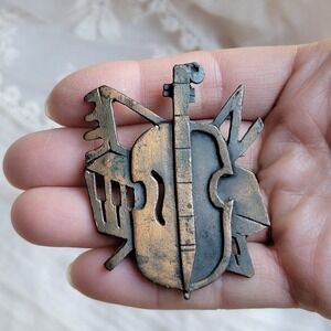 Vintage 50s copper brooch mid century modernist jazz standing bass piano unisex